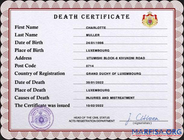 Blank Luxembourg vital record death certificate PSD template